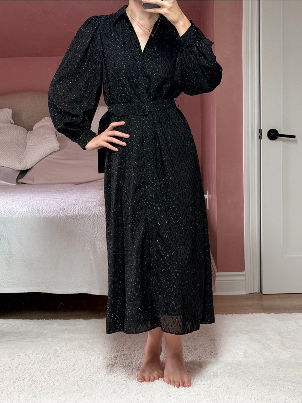 Zara Black Textured Belted Maxi Dress